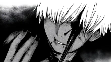 Tokyo Ghoul:re 2K Quad HD PC desktop wallpaper — black-and-white close-up of Kaneki with white hair, blood-streaked face and a pained, intense expression.