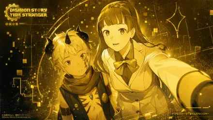 Digimon Story Time Stranger 4K Ultra HD PC desktop wallpaper: two anime characters — a schoolgirl taking a selfie with a horned Digimon companion amid glowing digital circuitry.