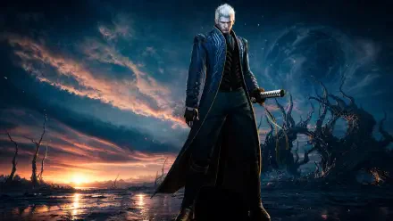 Vergil (Devil May Cry) stands with a katana on a stormy shoreline at sunset, dramatic clouds and twisted trees — 4K Ultra HD PC desktop wallpaper and background.