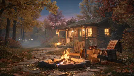 Rustic fall 4K Ultra HD PC desktop wallpaper: cozy cabin at dusk with glowing windows, campfire ring, Adirondack chairs, string lights and fallen leaves in a misty autumn forest.
