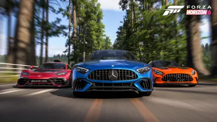 Forza Horizon 6 PC 4K Ultra HD desktop wallpaper: three high-performance sports cars — blue center, red and orange flanking — speed through a sunlit forest road.