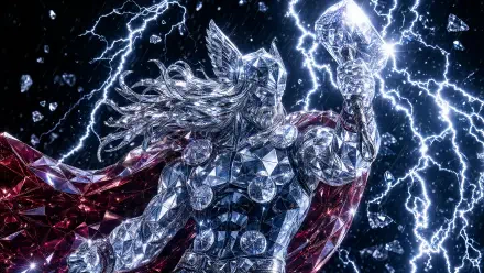 Crystal-faceted Thor raises Mjolnir amid crackling lightning, red cape billowing — 4K Ultra HD PC desktop wallpaper and background.