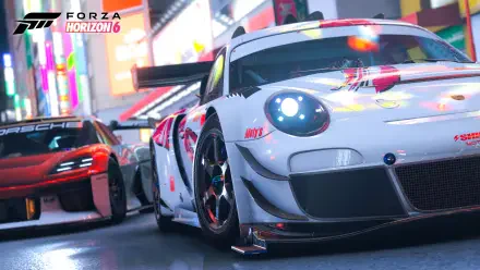 Forza Horizon 6 video game 4K Ultra HD PC desktop wallpaper: close-up of a white GT race car and a red supercar racing through neon-lit city streets at night.