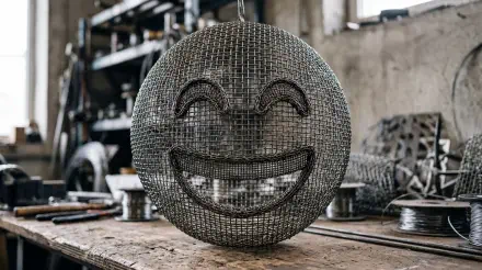 Wire-mesh smiling emoticon sculpture on a cluttered workbench in an industrial workshop — 5K Ultra HD PC desktop wallpaper and background.