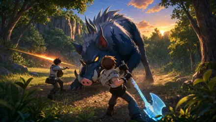 Echoes of Aincrad 4K Ultra HD PC desktop wallpaper and background — two adventurers clash with a colossal tusked boar in a sunlit forest, a blue-glowing axe raised as arrows streak.