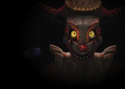 Menacing animatronic clown with glowing yellow eyes emerging from darkness, Five Nights at Freddy's: Secret of the Mimic, 2K Quad HD PC desktop wallpaper/background.