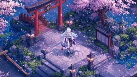 Hiyuki (Wuthering Waves) standing beneath blooming cherry blossoms by a torii gate on a moonlit stone courtyard, detailed 4K Ultra HD PC desktop wallpaper background.
