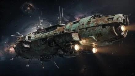 4K Ultra HD PC desktop wallpaper and background: a weathered deep-space exploration cruiser with glowing engines and antennae drifting past a nebula-strewn starfield.