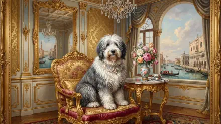 Sheepdog seated on a gilded armchair in an ornate room with a vase of roses and a Venetian canal view — luxurious 5K Ultra HD PC desktop wallpaper background.