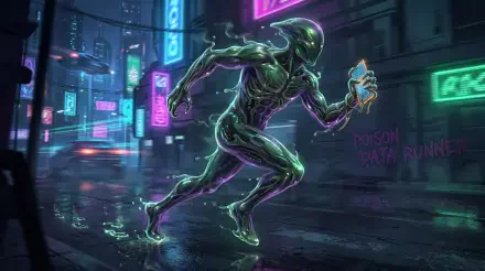 Data Runner — 5K Ultra HD PC Desktop Wallpaper and Background: neon-green cybernetic runner clutching a glowing data shard while sprinting through rainy, neon-soaked futuristic city streets.