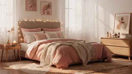 4K Ultra HD PC desktop wallpaper & background: cozy aesthetic bedroom with pink bedding, knit throw, fairy lights, wooden nightstand and soft sunlight.