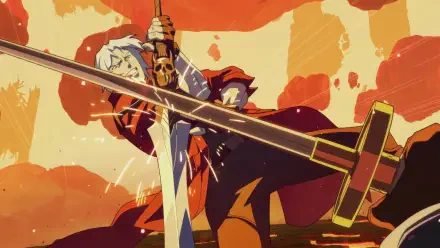 Devil May Cry (2025) art: cloaked demon hunter brandishes twin swords against a fiery orange sky — 4K Ultra HD PC desktop wallpaper and background.