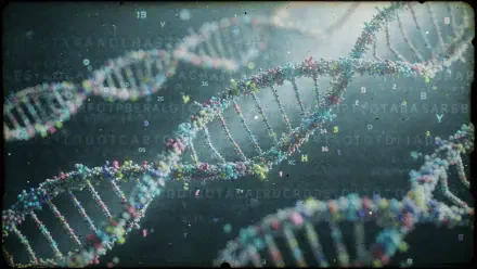 Glowing DNA double helix strands with floating nucleotide letters, 4K Ultra HD PC desktop wallpaper background.