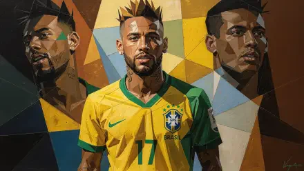 4K Ultra HD PC desktop wallpaper: stylized geometric portrait of a soccer player in Brazil yellow #17 jersey, flanked by two angular side profiles against a colorful polygonal background.