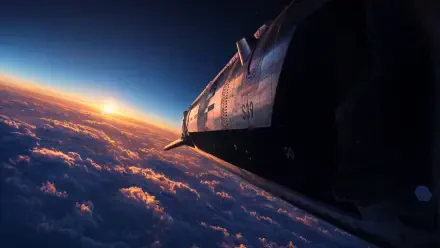 SpaceX Starship soaring above sunlit cloud tops at sunrise, hull details against a deep blue space gradient — 4K Ultra HD PC desktop wallpaper background.