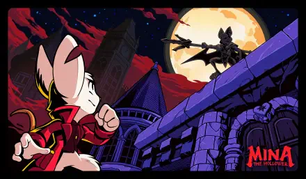 4K Ultra HD PC wallpaper for the video game Minna the Hollower: rabbit protagonist on a moonlit rooftop faces a silhouetted foe above gothic castle towers.