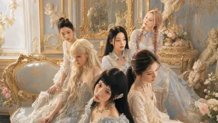 Elegant vintage-style portrait of six women in lace gowns in an ornate room, soft pastel tones — 4K Ultra HD PC desktop wallpaper and background.