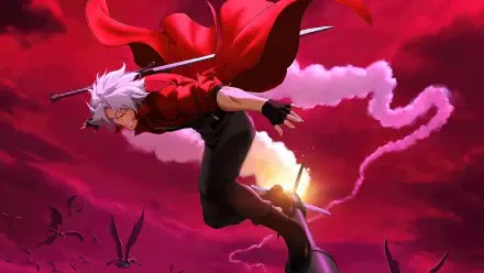 Devil May Cry (2025) Devil May Cry 4K Ultra HD PC desktop wallpaper: white‑haired demon hunter in red coat leaps with sword through a stormy crimson sky as bats swirl below.