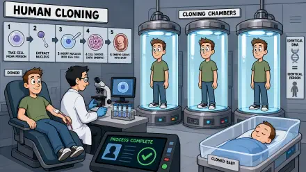Cartoon human cloning lab: scientist monitors three clones in glass chambers and a newborn in a crib; stylized 4K Ultra HD PC desktop wallpaper and background.