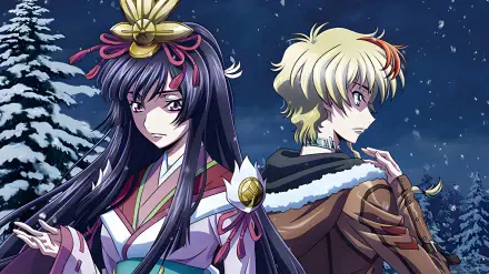 Anime 2K Quad HD PC wallpaper from Code Geass: Rozé Of The Recapture — a dark-haired woman in ornate kimono and a blond, fur-collared cloaked man stand back-to-back in a snowy night.
