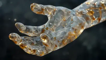 4K Ultra HD PC desktop wallpaper: translucent glass-like human hand with gold flecks reaching out, conveying a surreal human touch.