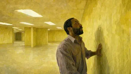 4K Ultra HD PC desktop wallpaper: a lone man in a vast yellow Backrooms corridor, touching peeling wallpaper beneath humming fluorescent lights.