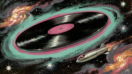 Surreal 4K Ultra HD PC desktop wallpaper: a vinyl record spins like a galaxy with colorful nebula rings and a retro rocketship cruising nearby.
