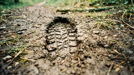 Close-up of a boot print pressed into a muddy trail with grass and detailed treads — 4K Ultra HD PC desktop wallpaper and background.