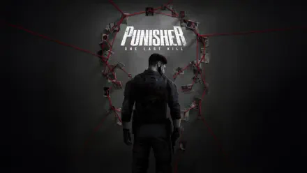 The Punisher: One Last Kill — lone figure faces a skull-shaped photo wall tied with red string; dark, gritty 4K Ultra HD PC desktop wallpaper/background.