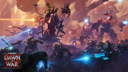 Warhammer 40000: Dawn of War IV video game 4K Ultra HD PC desktop wallpaper — armored Space Marines and colossal war machines clash across a fiery, ruined battlefield.