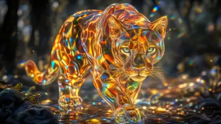 4K Ultra HD PC Desktop Wallpaper and Background: a jewel-toned, glasslike cougar prowling across a glowing, reflective surface.