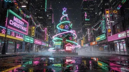 Neon Christmas tree spirals in a rainy cyberpunk street, bright neon signs and puddle reflections — 4K Ultra HD PC desktop wallpaper and background.