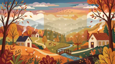 November 2026 calendar on a 5K Ultra HD PC desktop wallpaper and background: autumn village scene with houses, bridge over a river, deer and falling leaves.