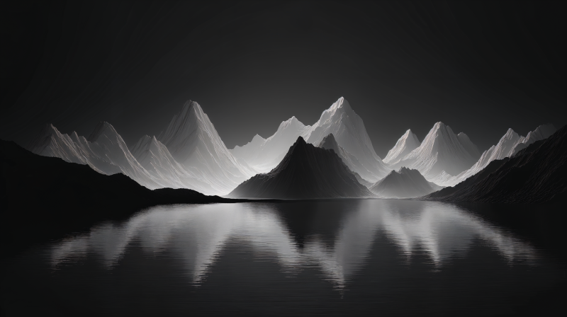 {{ Monochrome earth mountain range mirrored in calm water, minimalist 4K Ultra HD PC desktop wallpaper/background. 