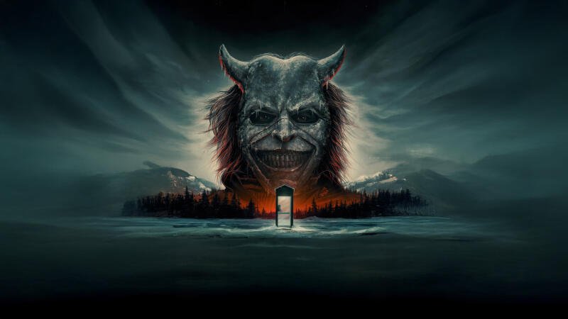 {{ Sinister horned demon looming over a glowing handset on a stormy shoreline — The Black Phone 4K Ultra HD PC desktop wallpaper/background. 