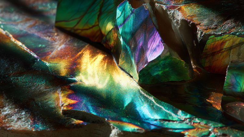 {{ Iridescent close-up of a shimmering folded metallic surface in vivid blues, greens and golds — 4K Ultra HD PC desktop wallpaper and background. 