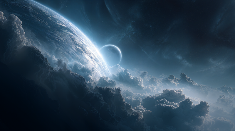 {{ Sci Fi 4K Ultra HD PC desktop wallpaper and background: a ringed planet and moon looming above luminous storm clouds under a dark, blue-lit sky. 