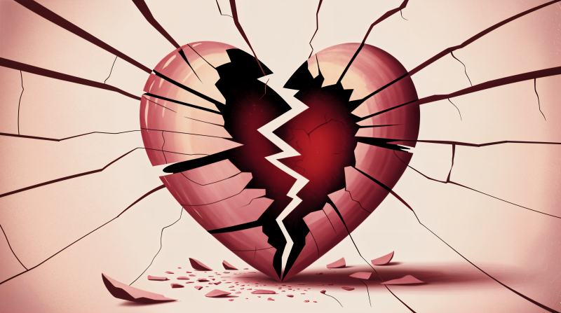 {{ Heartbroken 4K Ultra HD PC desktop wallpaper: a shattered red heart with a jagged central split, radiating cracks and scattered shards on a soft beige background.