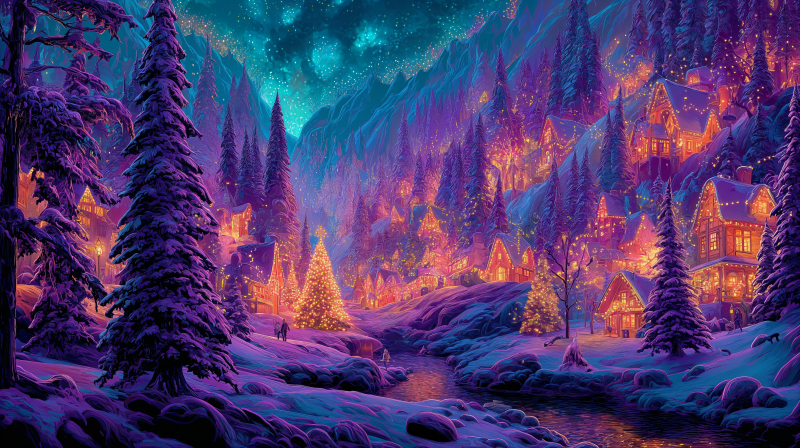 {{ Christmas landscape 4K Ultra HD PC desktop wallpaper: snow-covered pines and cozy illuminated village with a decorated Christmas tree under a vivid aurora-like starry sky.