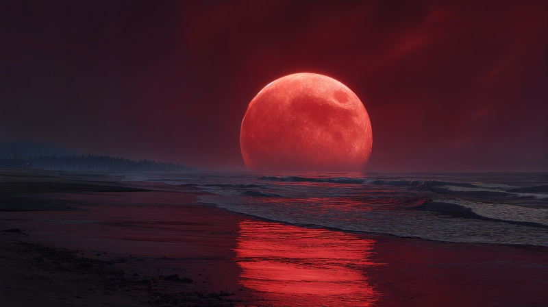 {{ Crimson moon over a dark ocean, blood-red reflection on wet sand — 4K Ultra HD PC desktop wallpaper and background.