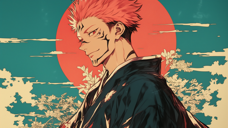 {{ AI-art 2K Quad HD PC wallpaper of Yuji Itadori/Sukuna from Jujutsu Kaisen, anime-style portrait with a smirk, red sun halo and floral teal background. 