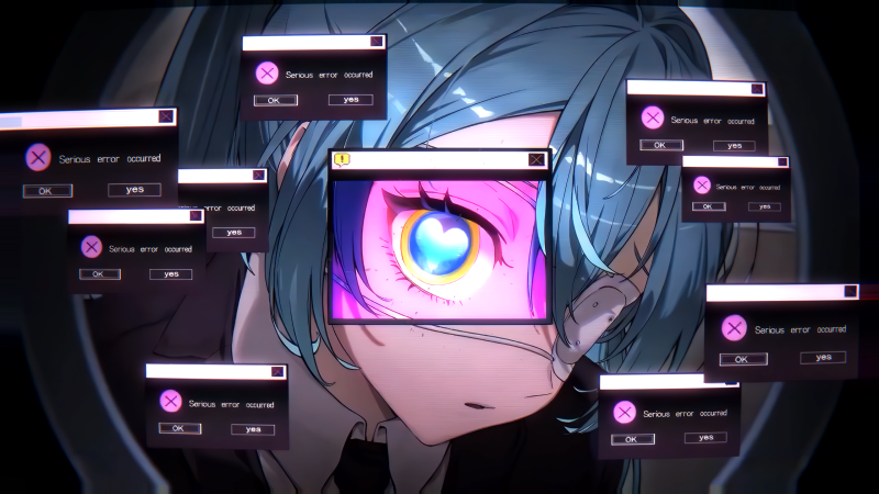 {{ 2K Quad HD desktop wallpaper of Vocaloid Hatsune Miku: anime girl with teal twin-tails, one eye a glowing heart behind a glitch window, surrounded by floating error dialog boxes. 