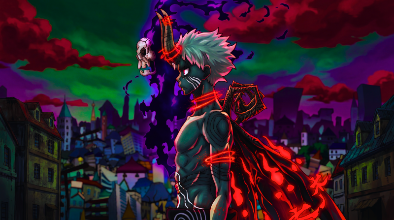 {{ 5K Ultra HD PC desktop wallpaper: anime crossover of Fire Force and Soul Eater featuring Shinra Kusakabe facing the towering Lord Death over a neon-red, war-torn cityscape. 