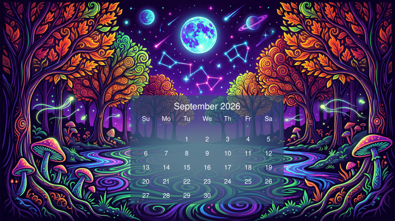 {{ Vivid psychedelic forest and mushroom scene under a glowing moon and constellations with an overlaid September 2026 calendar — 5K Ultra HD PC desktop wallpaper/background. 