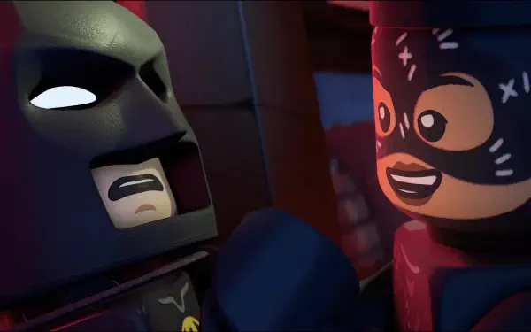 4K Ultra HD PC desktop wallpaper of LEGO Batman and Catwoman from the video game Lego Batman: Legacy of the Dark Knight, close-up faces lit by dramatic shadows.