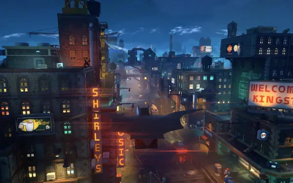 4K Ultra HD PC desktop wallpaper of LEGO Batman: Legacy of the Dark Knight — cinematic LEGO Batman silhouette gliding over a neon-lit Gotham street in a detailed video game cityscape.