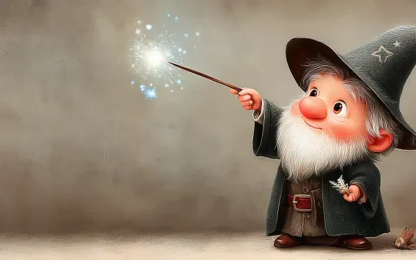 HD PC desktop wallpaper of a whimsical bearded sorcerer in a pointed hat casting a sparkling magic spell with his wand against a soft, neutral background.