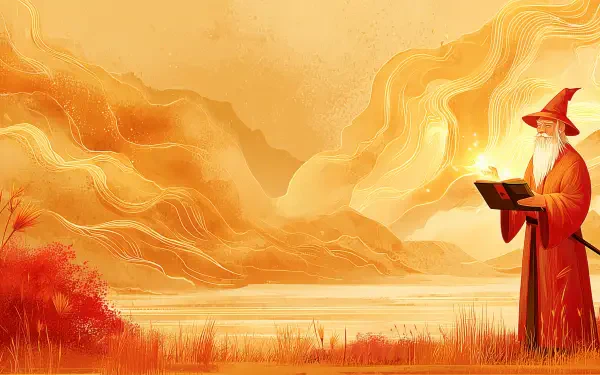 Yellow fantasy illustration of a sorcerer casting a light spell over a golden lakeside landscape, HD PC desktop wallpaper and background.