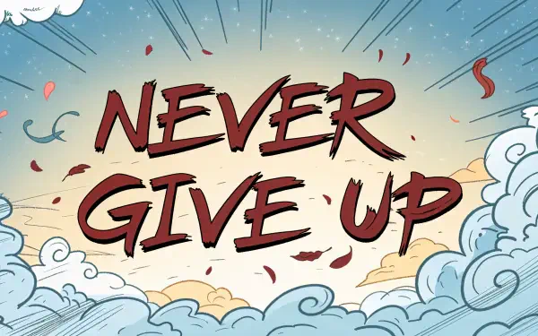 HD PC desktop wallpaper and background featuring bold comic-style NEVER GIVE UP lettering against a sunrise sky filled with clouds and confetti.
