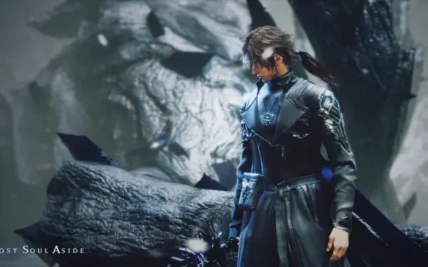 HD PC desktop wallpaper and background from the video game Lost Soul Aside: a lone armored protagonist in dark futuristic armor stands amid jagged stone, bathed in moody blue-gray light.